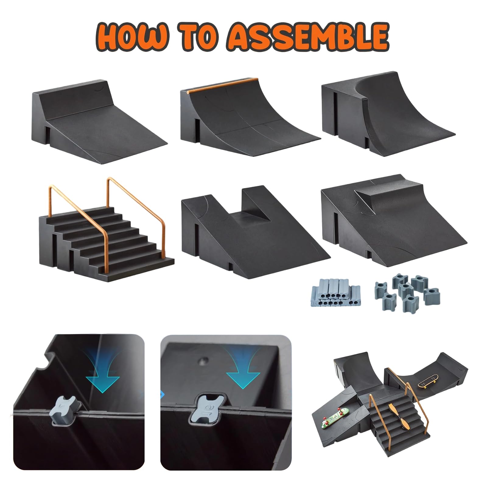 Mini Skateboard da Dita, Pista Skateboard, Mini Skate, Skateboard per Dita, Set Modulabile con 6 Ramp e Connettori, per Pratica Trick, Gioco Creativo, Regalo Bambini