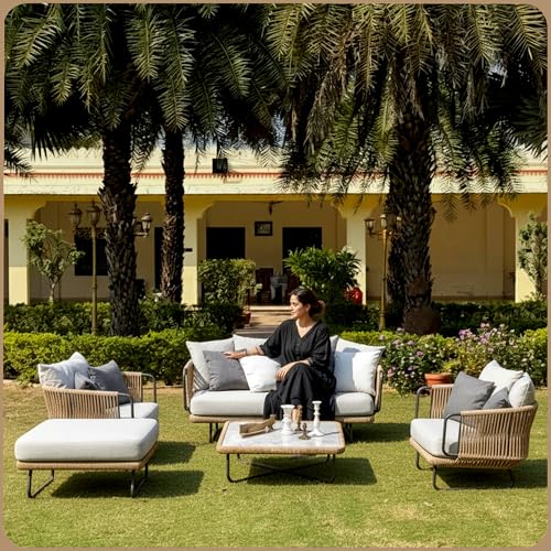 Image of Amazon Brand - Solimo Harbor Outdoor Rope Sofa Set | Balcony Sofa | Patio Conversation Sets | Braided Rope Garden Sofa Set and Table (5 Seater- Beige & White)