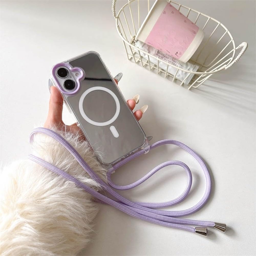 Naszyjnik Crossbody Smycz Lustrzany Magnetyczny Telefon Etui Do iPhone 16 15 14 13 Pro Max Akrylowe Twarde PC Tylna Obudowa, Fioletowy, Do iPhone 16