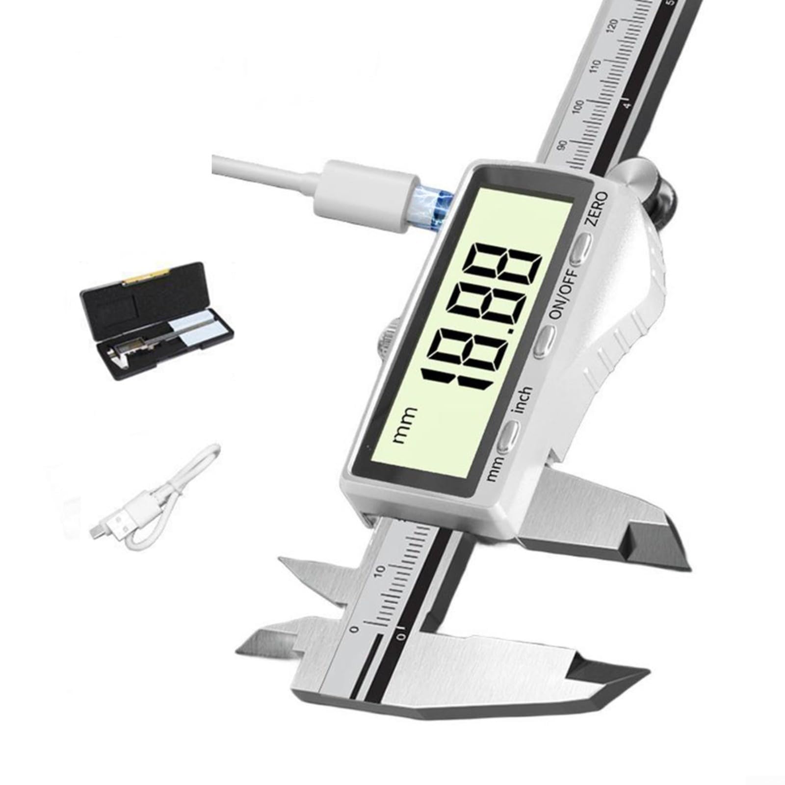 Calibrador digital recargable de acero inoxidable de 0,01 mm de precisión con interfaz USB‑C, pantalla grande, resistente a la corrosión para mediciones industriales de 150 mm (B)