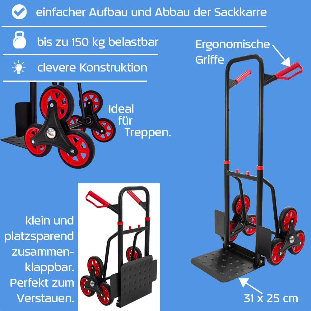 Trucky Treppenkarre Sackkarre 150 kg Stapelkarre Transportkarre Treppensteiger klappbar Treppensackkarre Schwarz Treppen Stahl