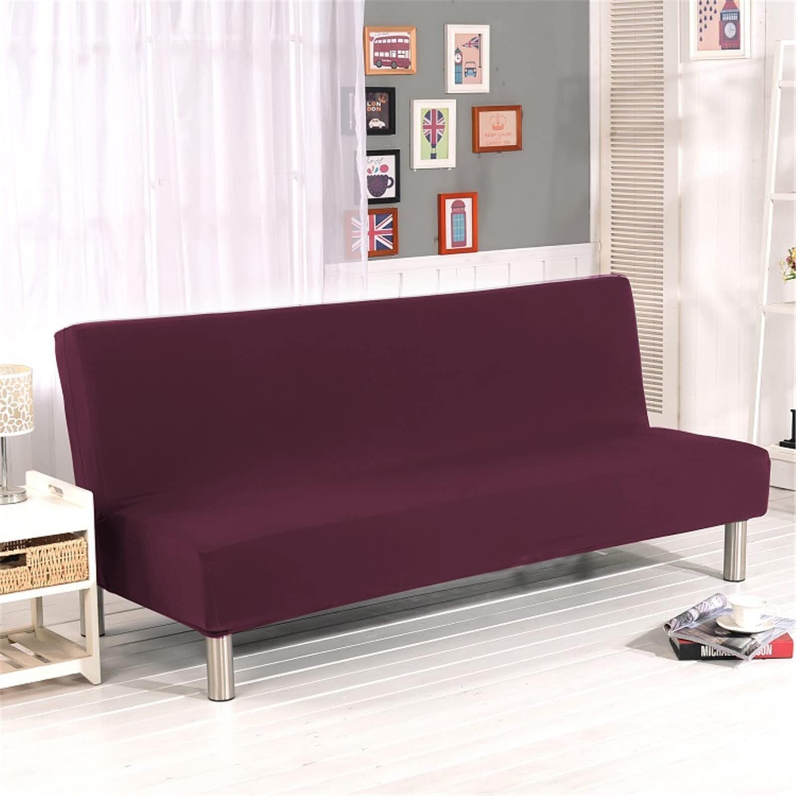 BUAOGDVG Solid Color Armless Sofa Cover 2/3 Seater Stretch Stain Resistant Sofa Bed Slipcover Non-Slip Washable Foldable Click Clack Sofa Cover(Claret,160-190cm)