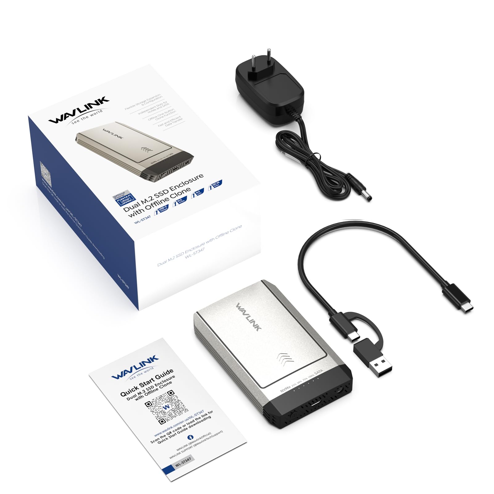 WAVLINK Dual-Bay Offline Clone Tool-Free, 10 Gbit/s M.2 Duplikator unterstützt SATA zu NVMe und NVMe zu SATA, Dual M.2 SSD-Gehäuse für 2230/2242/2260/2280, bis zu 8 TB