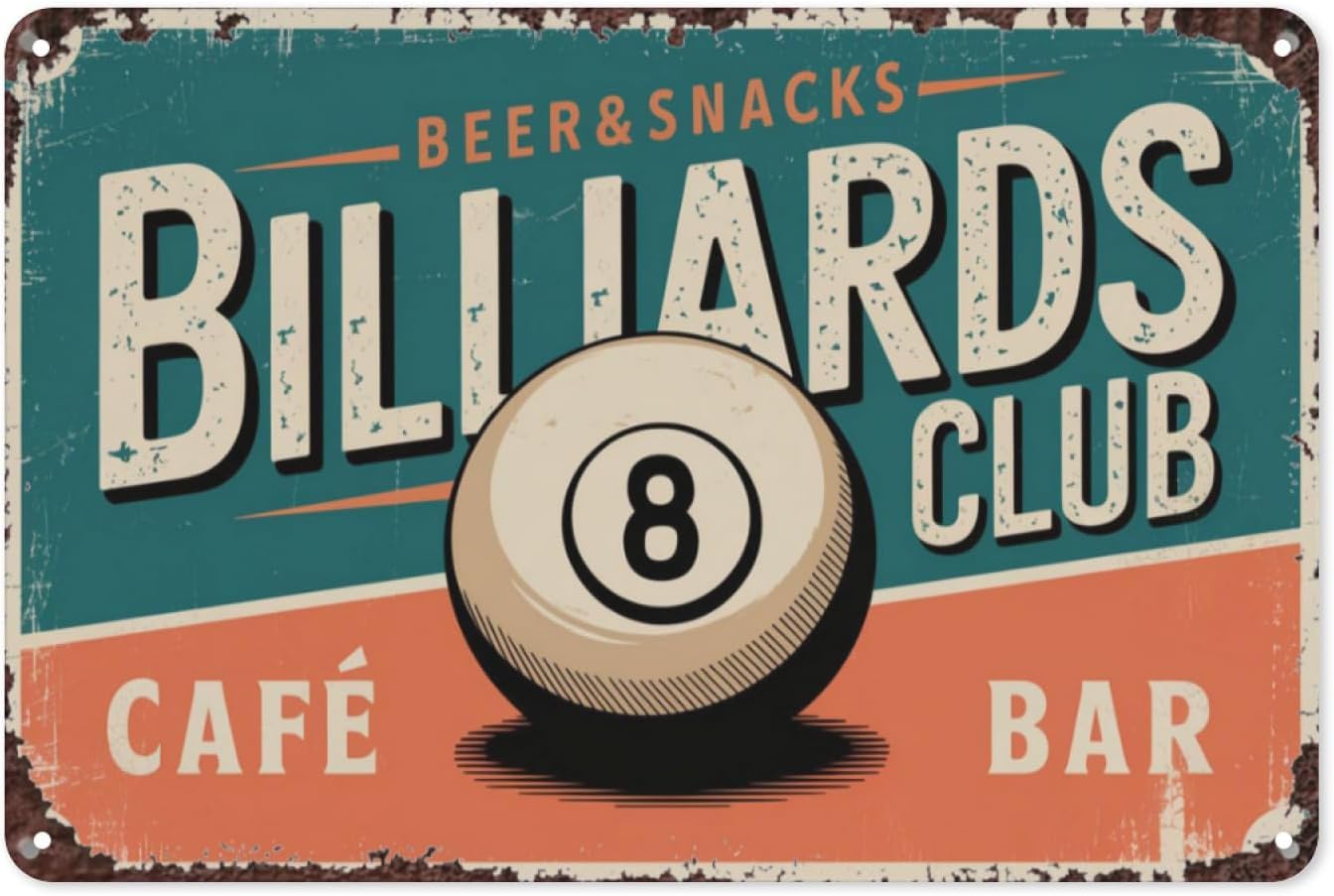 SMAZDFXX Billiards Retro Tin Sign, Vintage Metal Wall Decor for Game Room, Man Cave, or Bar, Classic Billiard Theme Wall Art Poster for Pool Lovers 12"x16"