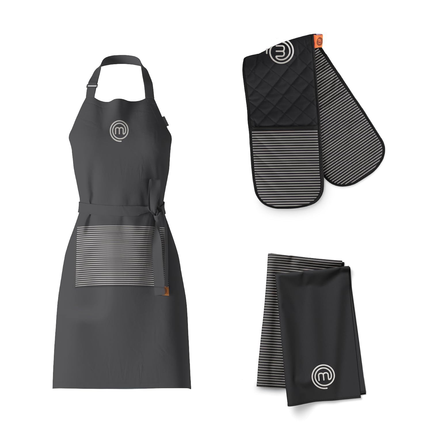 MasterChef Cotton Textiles Kitchen Gift Set, Includes Chef Apron, Double Oven Glove & Pack of 2 Tea Towels, All Items Feature Official Show Logo, Fully Machine Washable, Unisex, Elite Collection