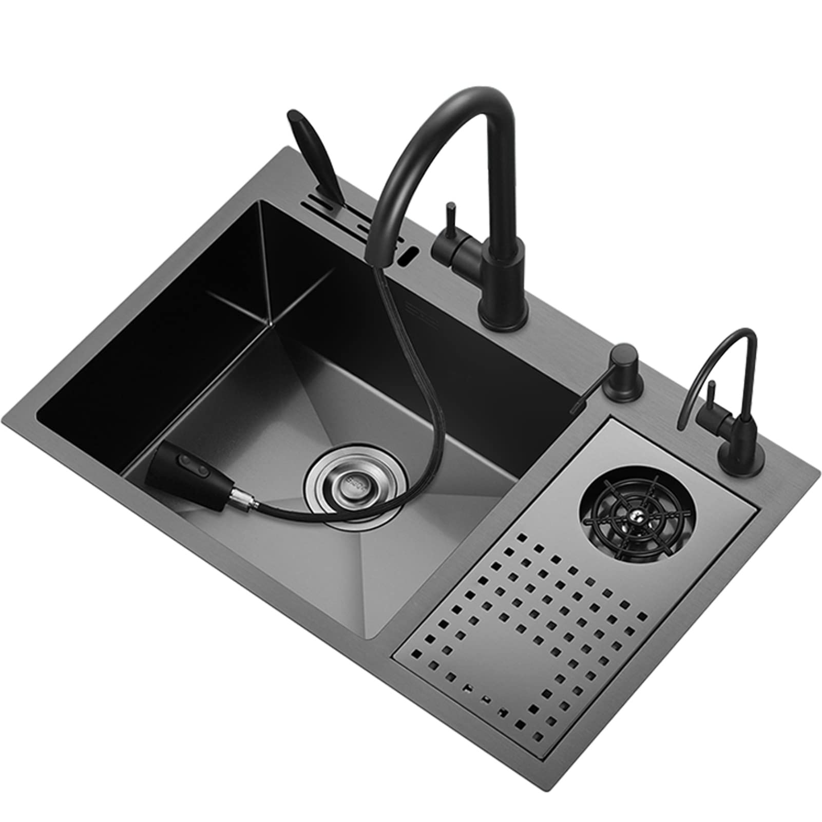 SDdPulse Luxury Sink with Waterfall Tap Top or Under Mount Stainless Steel with Tap, Washbasin, Colander, Soap Dispenser, Black, 75 x 46 cm