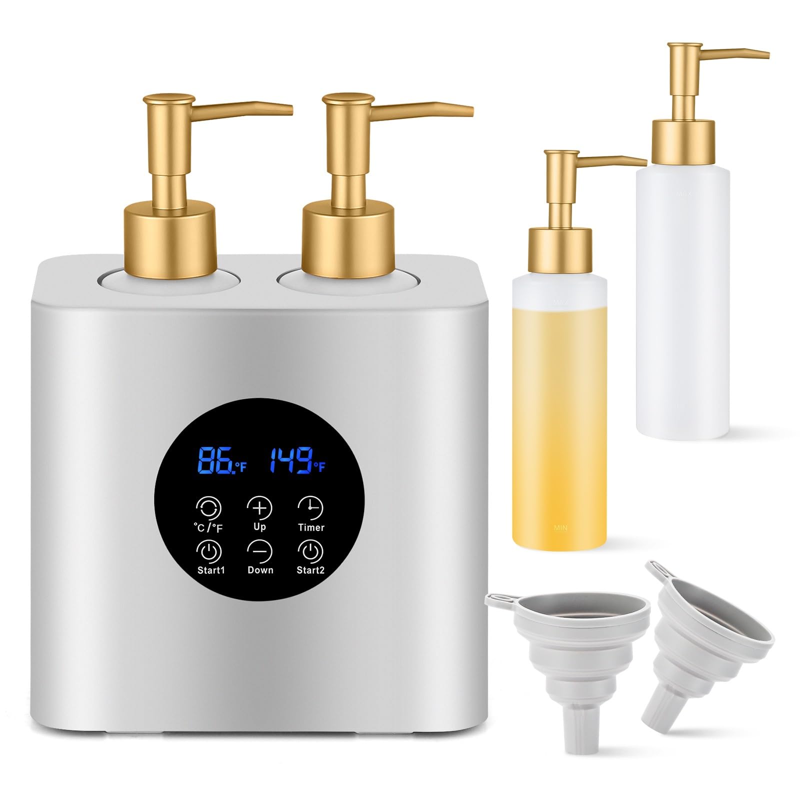 Riscaldatore per olio da massaggio con 4 bottiglie di olio da massaggio e 2 imbuti, temperatura regolabile (30 – 65 °C) e timer (0,5 – 24 h) scalda-lozione, doppio dispenser di olio riscaldato per spa