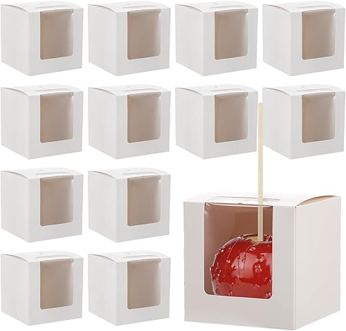 Miniatura 1 de Frcctre Paquete de 50 cajas de papel kraft blanco de manzana con agujeros y palitos, 4 x 4 x 4 pulgadas, cajas de regalo con ventana transparente
