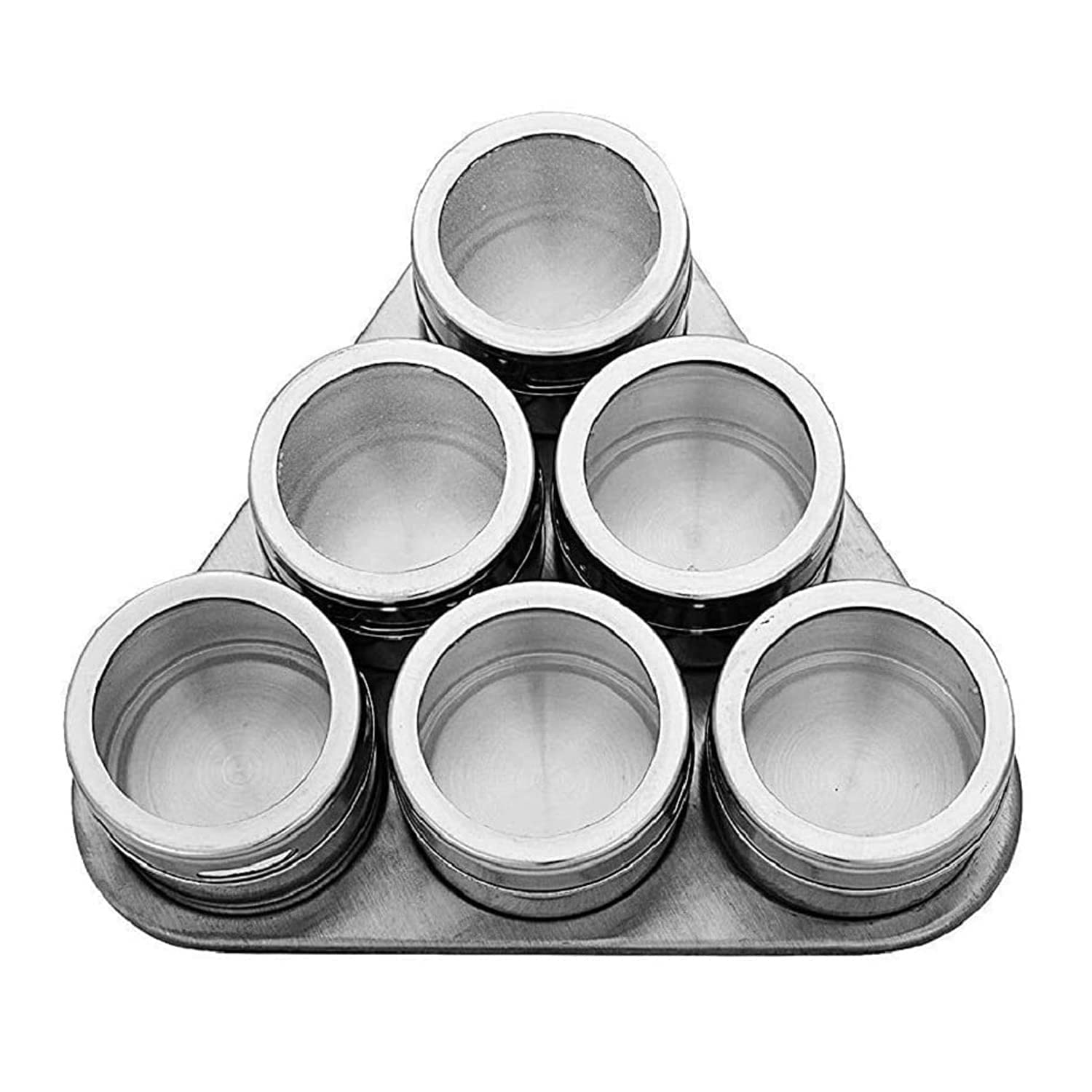 ZAEGO 6 Pcs Magnetic Spice Rack Stainless Steel jar Containers for Kitchen Seasoning Storage Set or Restaurants, Counter top, Wall Mont Spice Rack with Stand. (pack of 1)