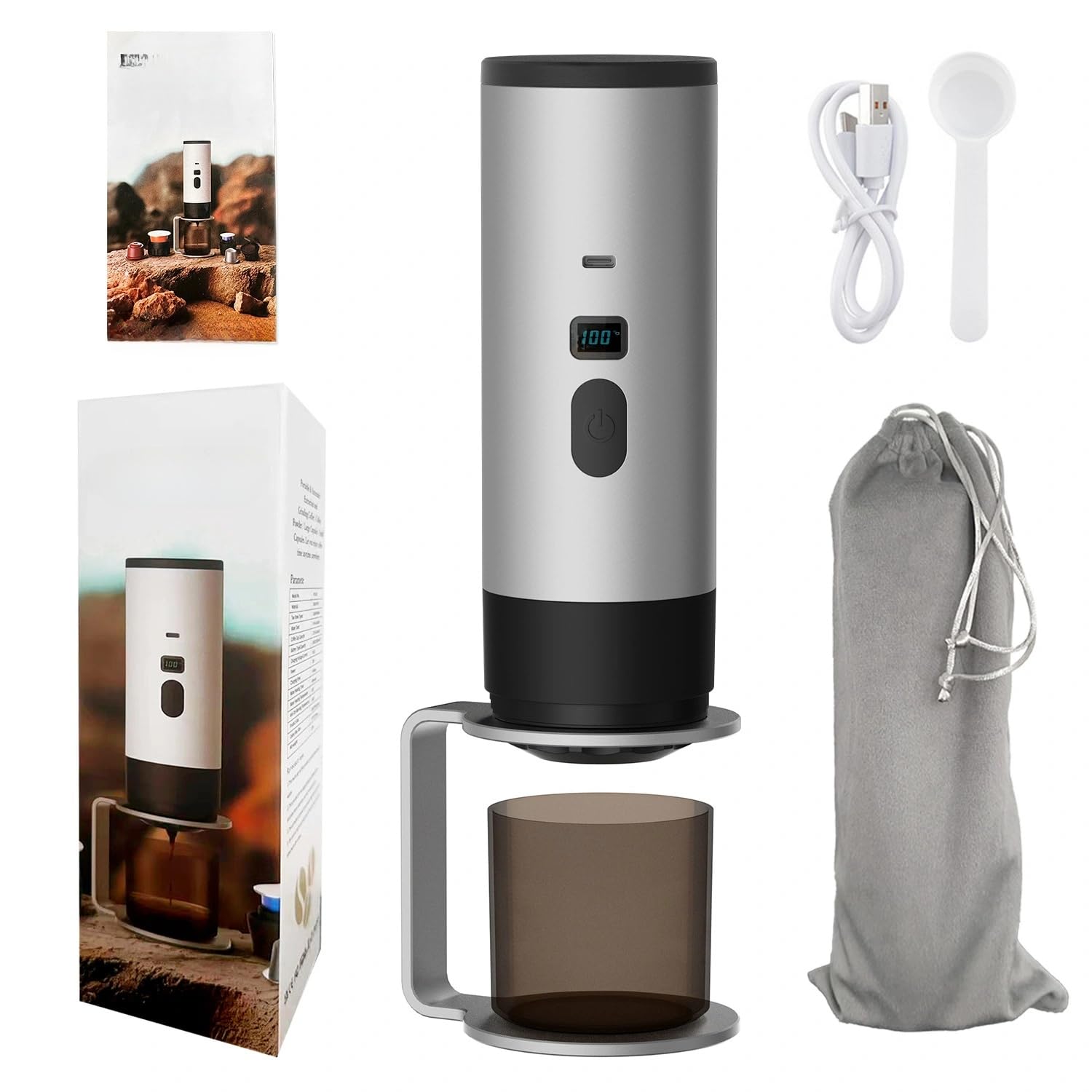 Portable Electric Espresso Coffee Maker, Rechargeable Capsule Machine, 90ML Tank, 120ML Cup, 5 Colors (High-end Starry Grey version, with velvet bag for stand)