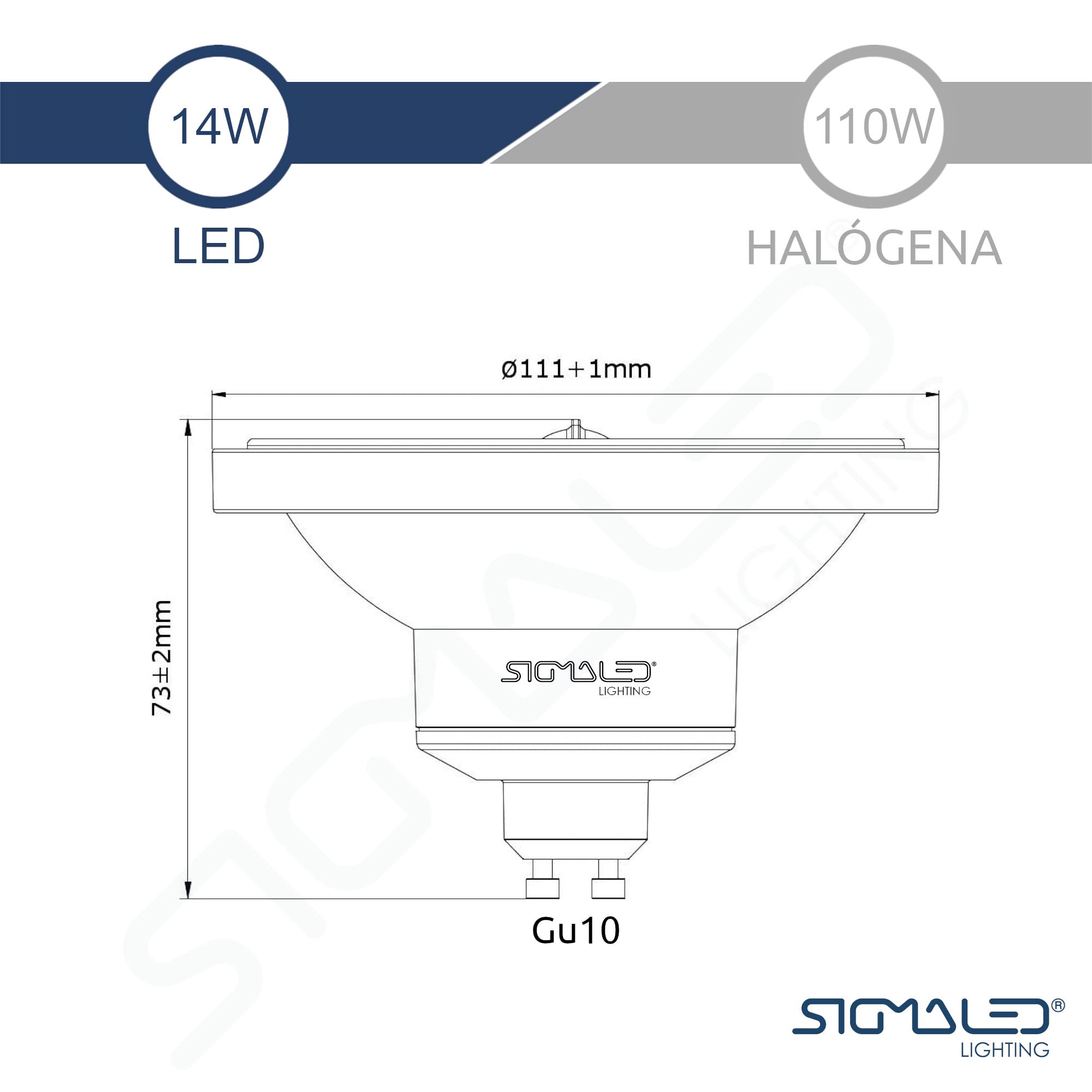 Sigmaled lighting, FOCO LED AR111 GU10 14W (=110W halógeno), 1000 lúmenes, Blanco cálido 3000K, 220V / 240V AC, Bombilla led AR111, Pack 5