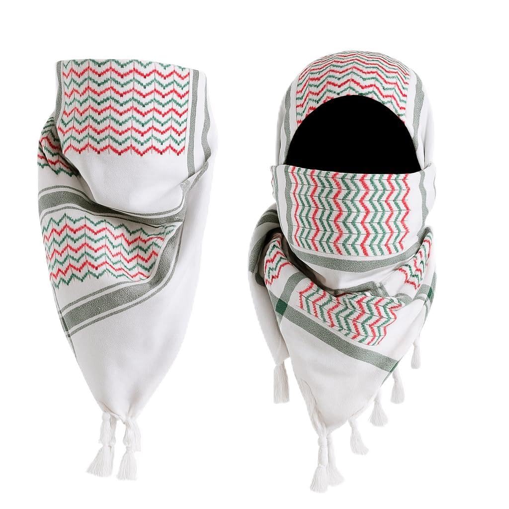 Traditional Middle Eastern Keffiyeh Shemagh Scarf, White with Red Green Chevron Pattern, Cotton, Desert Head Wrap, Tactical Neck Cover-image-39