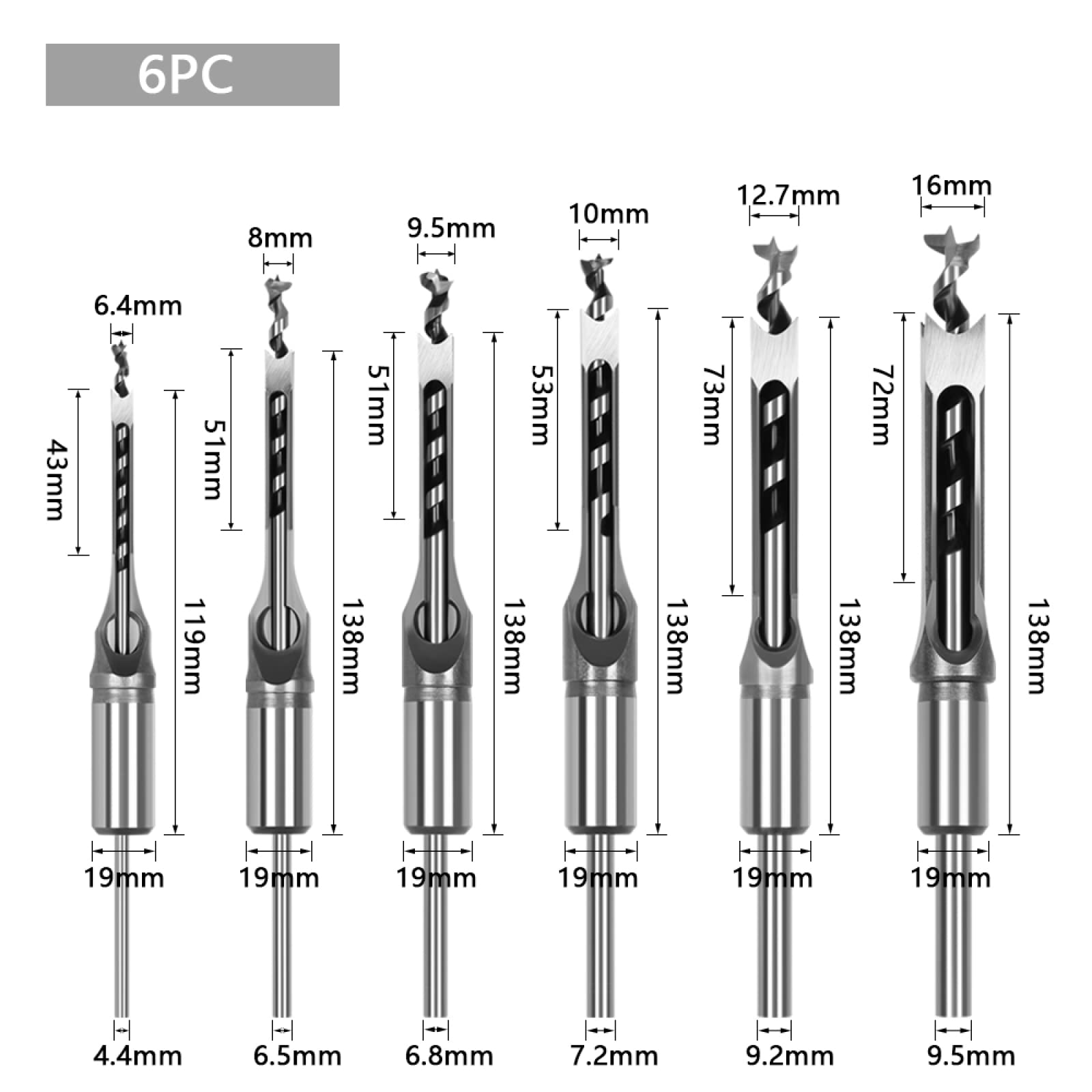 6PCS HSS Punte Da Trapano Elicoidali A Coclea Quadrata Set Di Punte Da Trapano Per Scalpello A Foro Quadrato Kit Di Strumenti Per Trapano Per La Lavorazione Del Legno A Foro Quadrato Set Sega Estesa