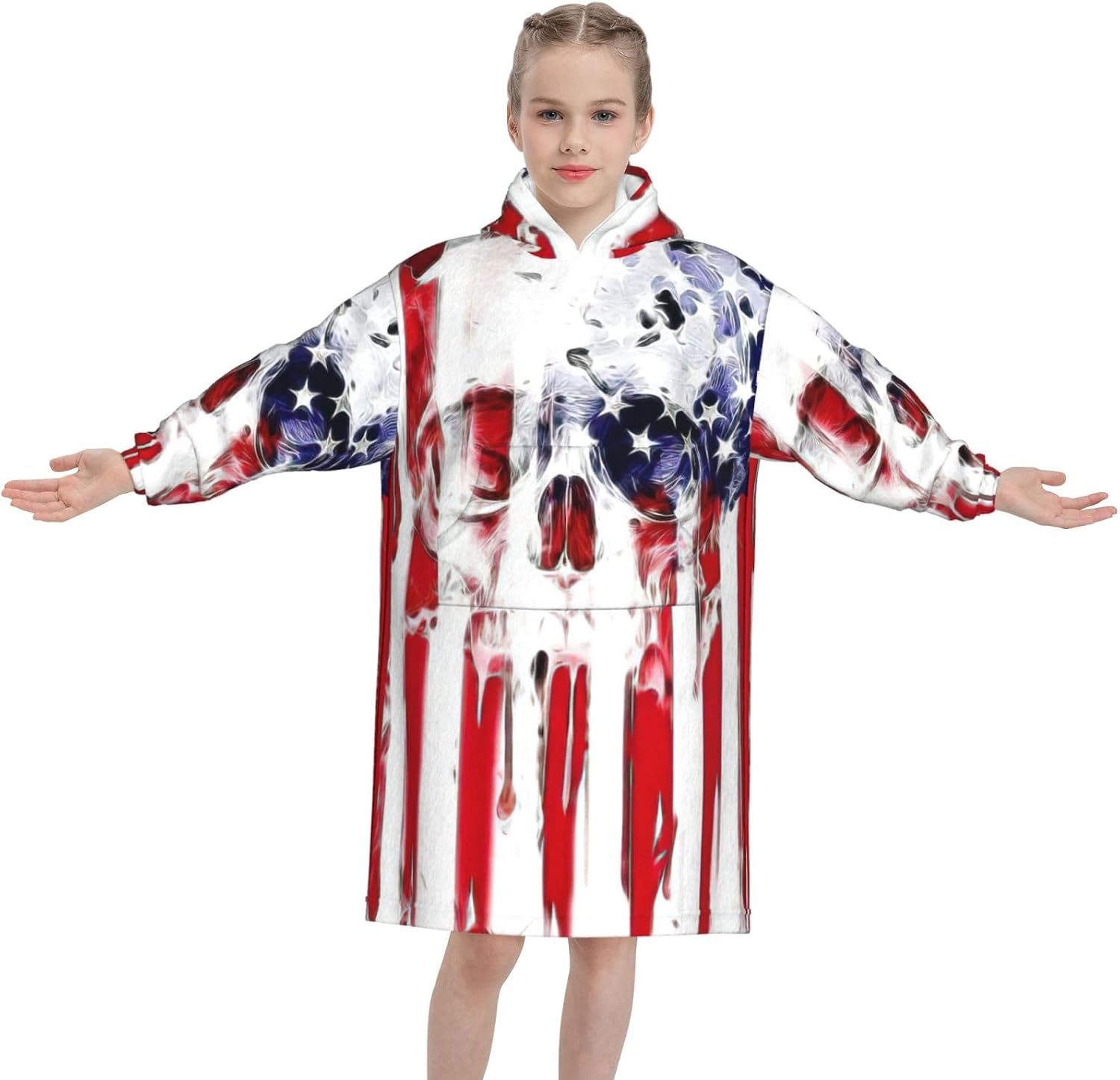 American Flag Skull Print Oversized Blanket Hoodie, Wearable Blanket Hooded,Hooded Pullover With Pocket