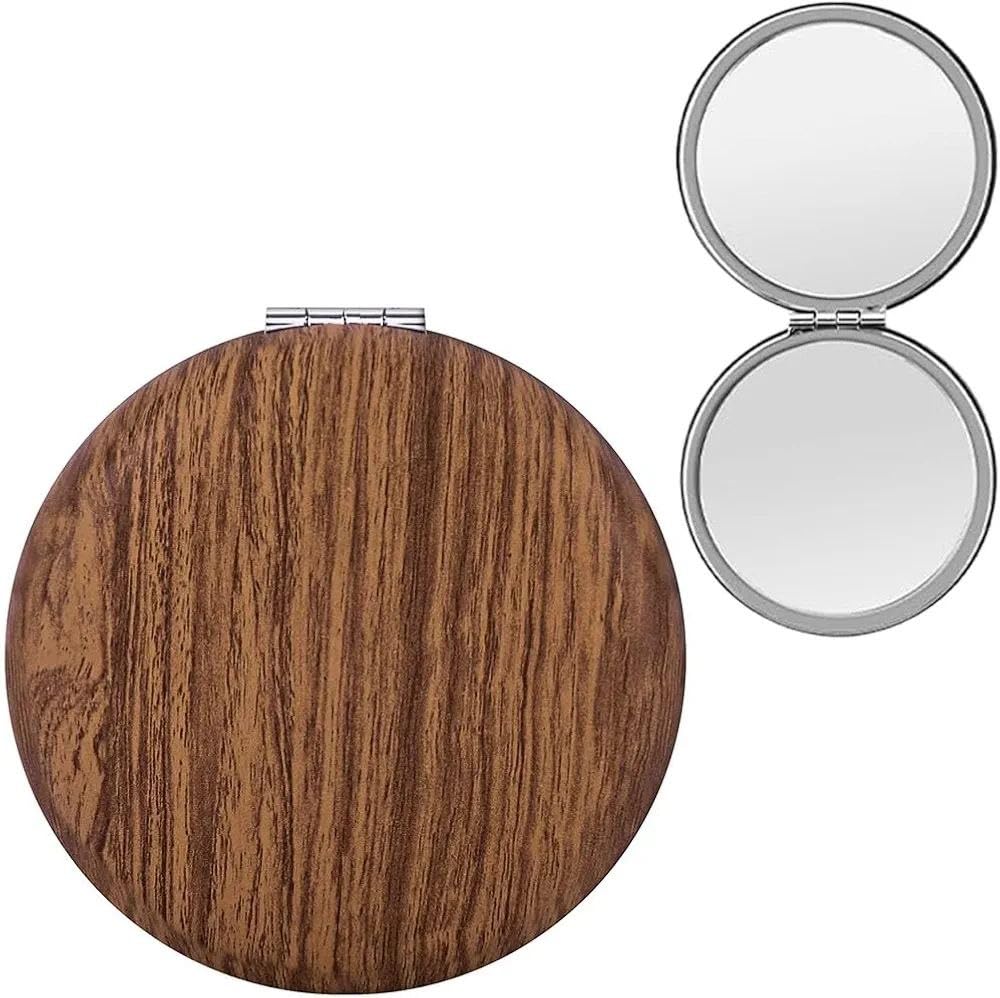 1Pack Round Folding Compact Makeup Mirror for Women & Men, Wooden Finish Pocket Mirror with Double Sided 1X/2X Zoom, Portable Cosmetic Travel Mirror for Purse, Handbag - Brown-picture-39