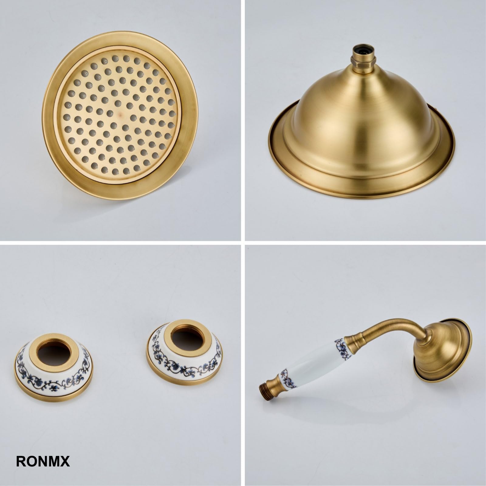 Mosiężna kolumna prysznicowa 3 funkcje 20 cm deszczownica ręczna słuchawka prysznicowa z niebiesko-białą porcelaną obracana o 90° bateria wannowa elegancka armatura łazienkowa