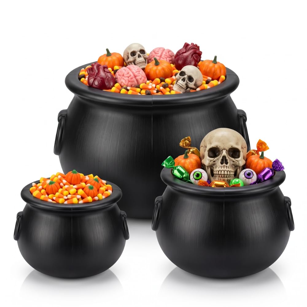 PMU 3 Pcs Large Halloween Cauldron - 16", 10", 8" Big Witch Plastic Cauldron bowl Black, For Halloween Decor