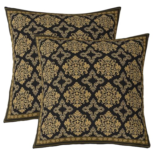 Homemissing Juego de 2 fundas de cojín de damasco vintage dorado, bohemio, floral, patrón europeo, estilo barroco, decoración para interiores y exteriores, súper suave, 55 x 55 cm