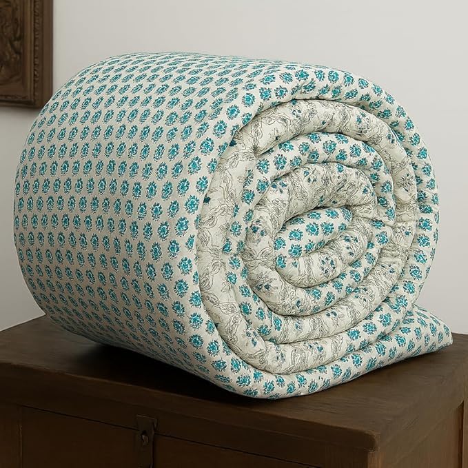 Image of SANMARINO Jaipuri Razai Single Bed Reversible Cotton Quilt | Traditional Ethnic Floral Print Dohar | Lightweight AC Comforter with Pure Cotton Filling | All-Season Blanket (Teal Blue)