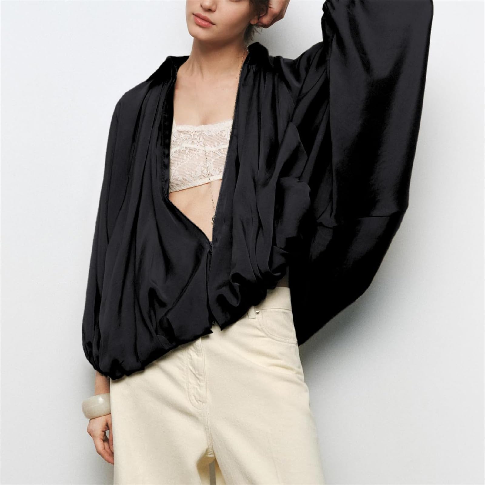 Chaquetas bomber abullonadas sedosas para mujer, manga murciélago, cuello de solapa, cremallera, ropa exterior, camisas plisadas de gran tamaño