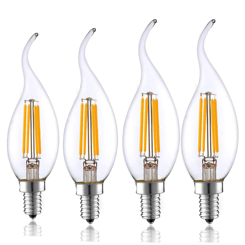 Chao Zan 4W E14 Led Filament Candle Bulb Ac220v, 400Lm Warm White 2700-3000K, Flame Small Edison Screw C35 Led Lamp Bulbs 35-40W Halogen Equivalent, 4 Pack