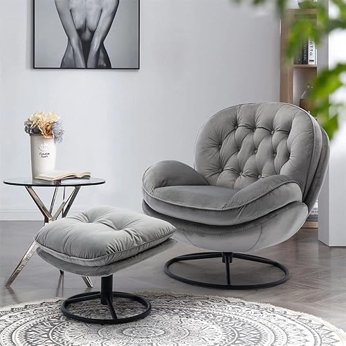 Velvet Swivel Accent Chair with Ottoman Set, Modern Lounge Chair with Metal Base Frame & Footrest, Comfortable Single Leisure Sofa Chair Reading Chair with 360 Degree Swiveling for Living Room, Gray