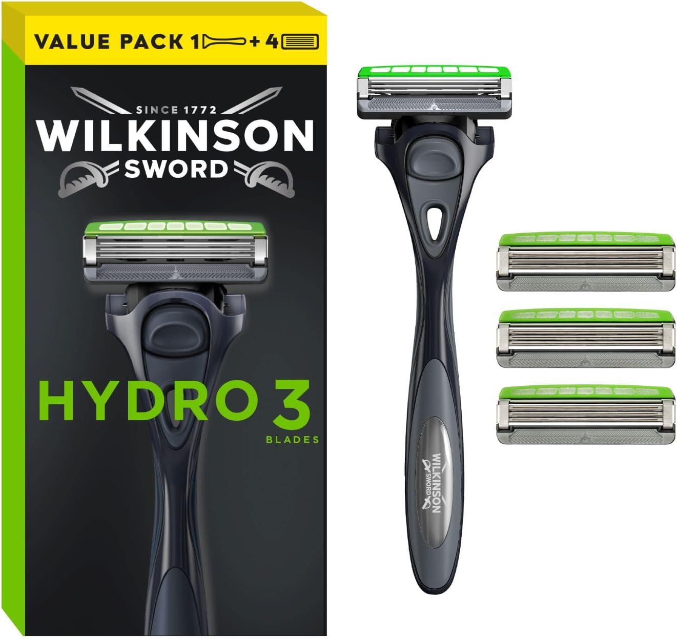 Hydro 3 Razor For Men Carbon Coated Blades Hydrating Gel & Skin Guards Razor Handle plus 5 Blades