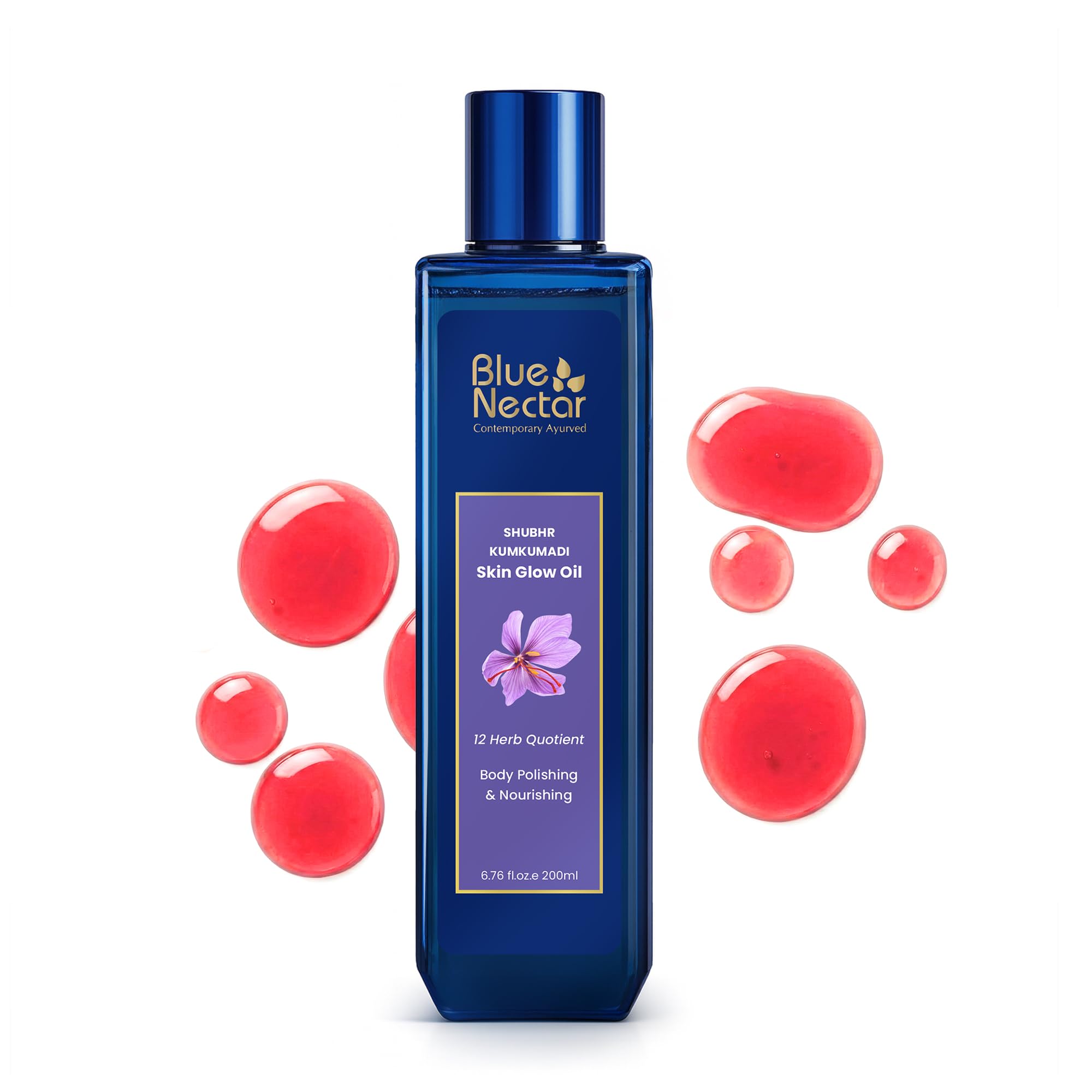 Blue Nectar Kumkumadi Body Oil for Glowing Skin | Moisturizing Body Oil for Dry Skin with Relaxing Aroma | Plant Based Formula for Women & Men (12Herbs, 200ml)