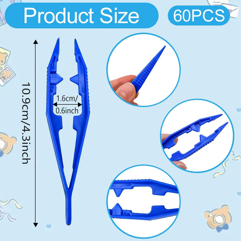 60PCS Plastic Tweezers for Crafting 6 Assorted Colors Handmade Bead Projects Tweezers Forceps Tools for Dried Flowers DIY Jewelry Making Kids Adult Home Classroom School