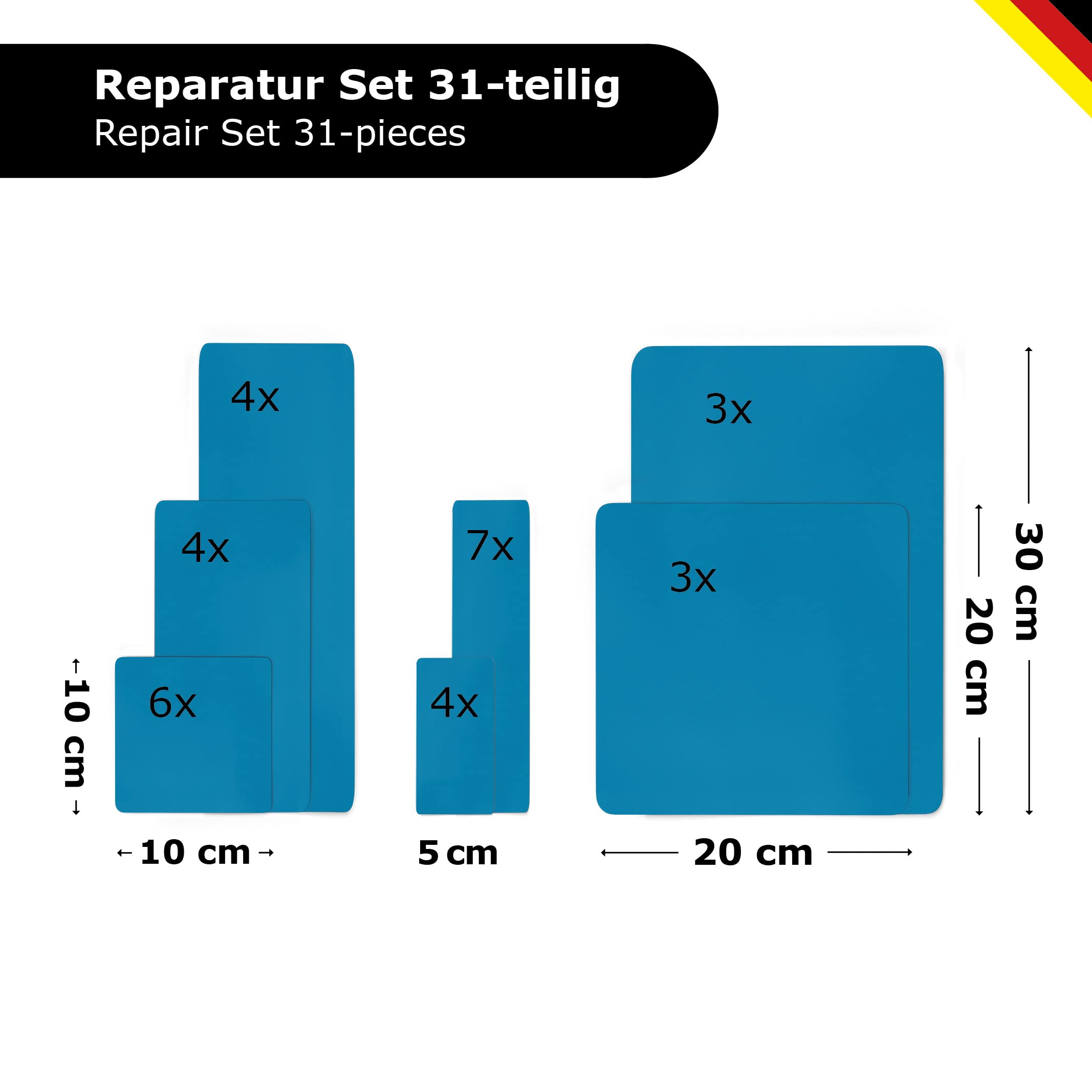 Generisch Planen-Reparatur-Set 31-teilig – Wasserdichte Reparatur-Pflaster in verschiedenen Größen selbstklebend für LKW-Plane, PVC-Plane, Markise, Zelt (RAL 5012 hellblau)