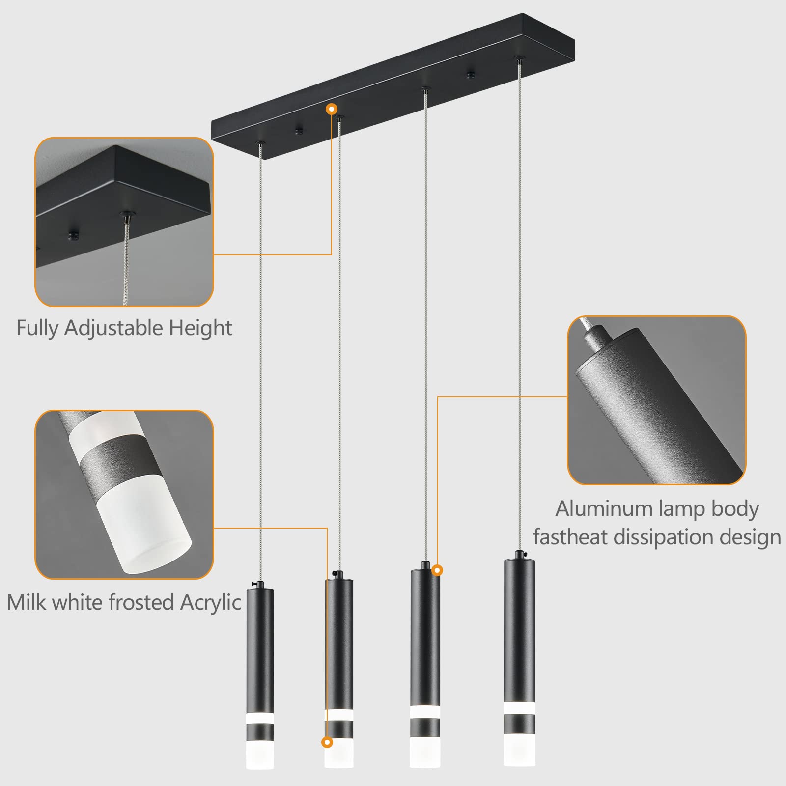LIANGMH 3-Light Black Pendant Light - Dimmable LED Kitchen Island Lighting, Adjustable Height, Modern Industrial - View #8
