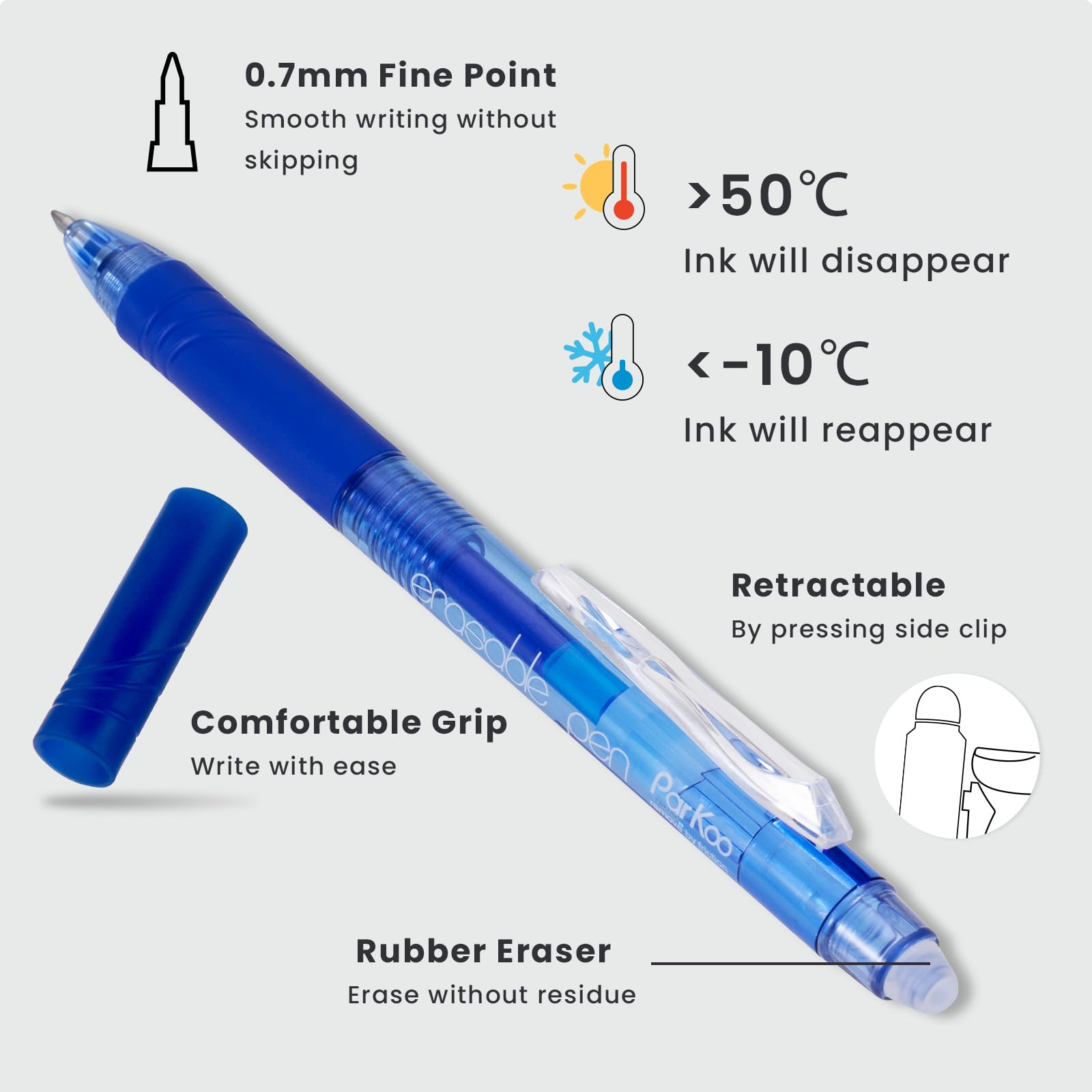 ParKoo Bolígrafos retráctiles de gel borrables con punta fina de 0,7 mm, sin necesidad de blanquear, 10 tintas negras y 10 azules para completar sudoku y crucigramas