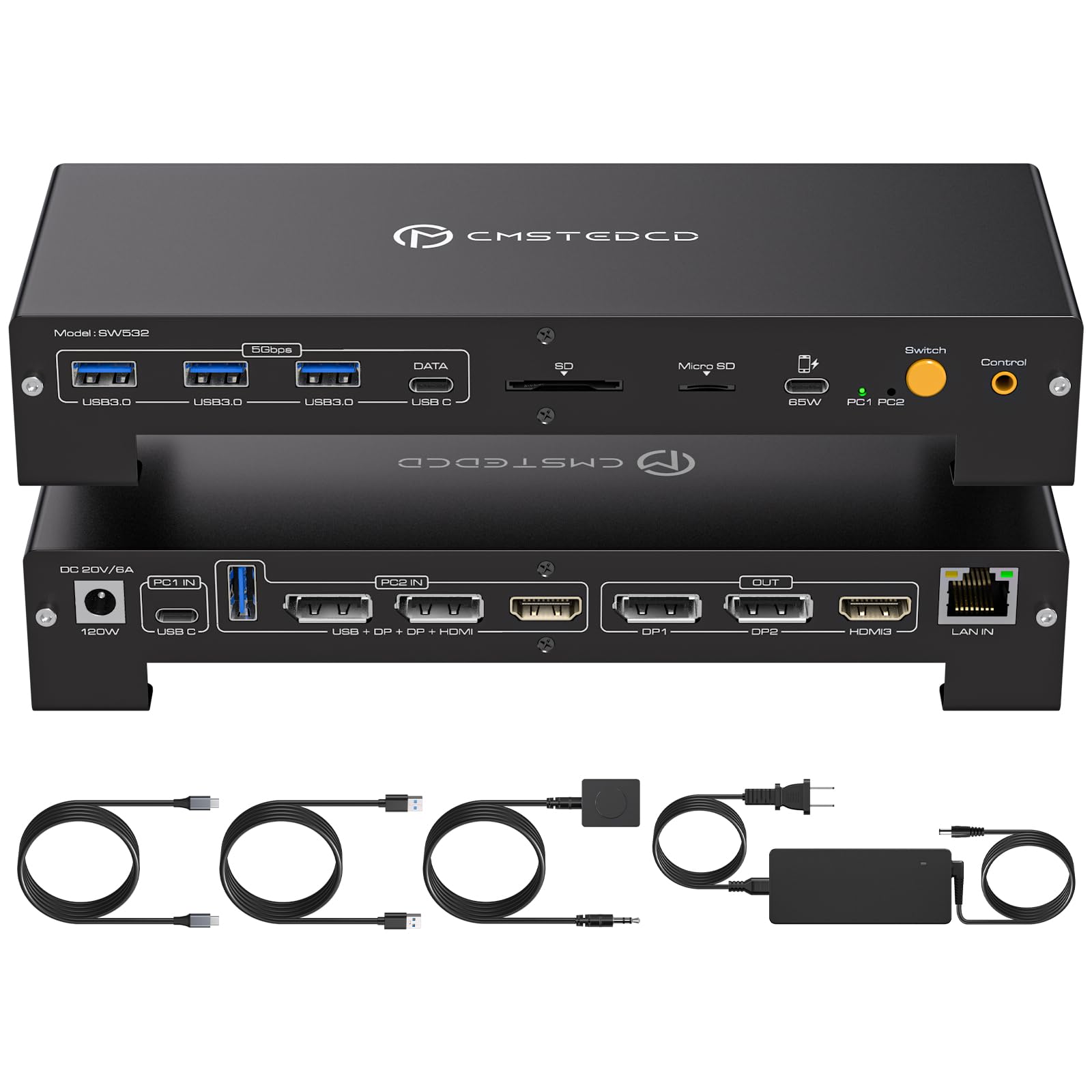 CMSTEDCD USB C KVM Docking Station Switch 3 Montors 2 Computers with 100W PD Supply Hybrid Displayport and HDMI KVM Triple 4K60Hz or Dual 4K144Hz Extended Display for Laptop and PC Share 15 in 1 Dock