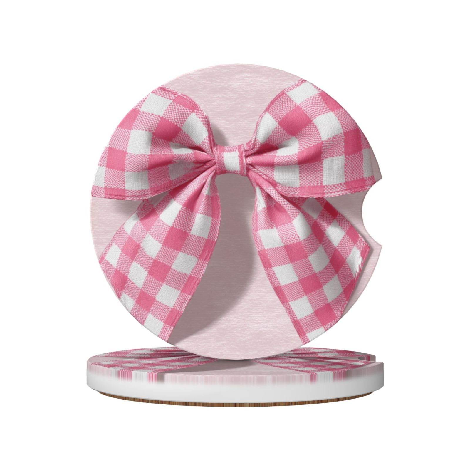 Coquette Bow Pink and White Checkered Pattern Ceramic Coasters,2pcs