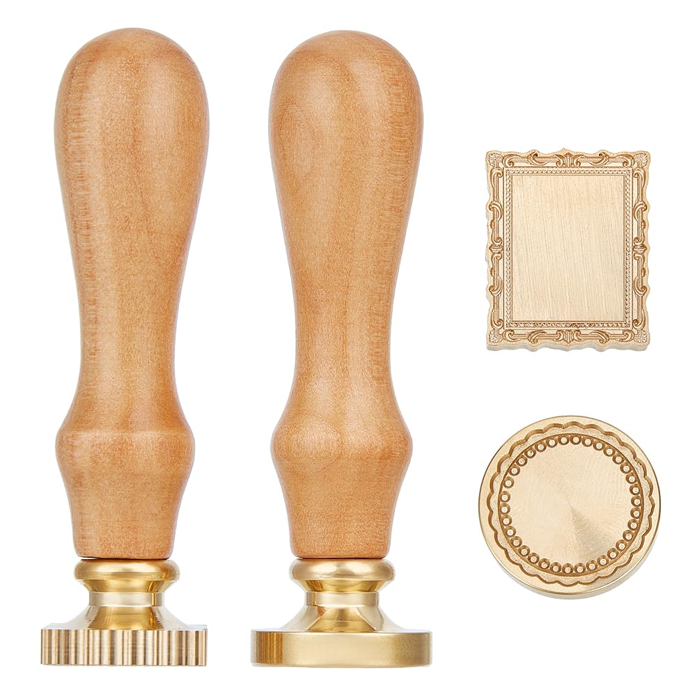 MAYJOYDIY 2Pcs 27.5mm Square Ornate Baroque Frame Wax Seal Stamp 25.5mm Round Beaded Edge Frame Removable Sealing Stamp with Brass Head Wooden Handle for Envelopes Cards Invitation Gift Packing