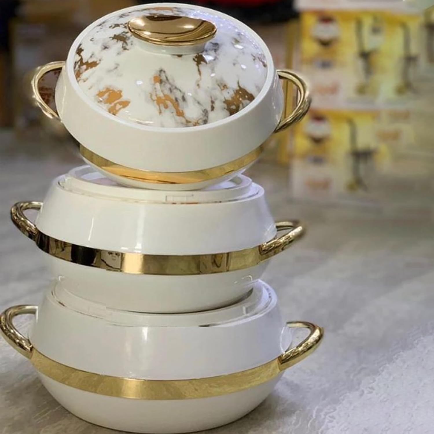 Kajal Küchen-Thermoschalen 3er-Set | Edelstahl Lebensmittelbehälter Wärmefunktion (1000 ml, 1500 ml, 2000 ml) | Isoliert, langlebig, stylisch, weiß-gold
