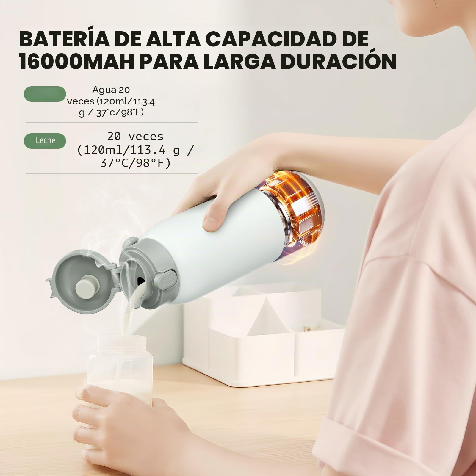Calienta biberones portatil 500ml, 100W rápido, batería 16000mAh, SUS316 | Calentador de biberones portatil para viajes, leche materna y fórmula, control 37-70°C, sin BPA, ideal para bebés