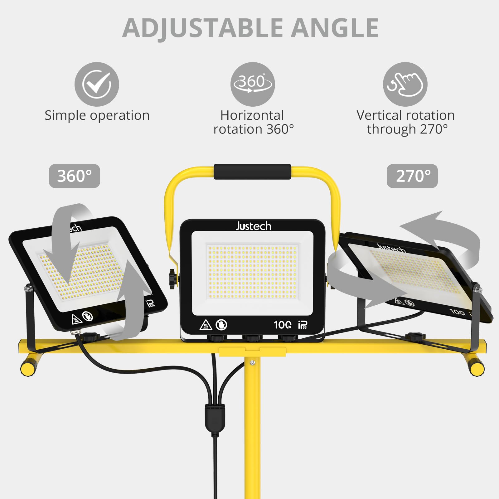 Justech Reflektor budowlany LED ze statywem, reflektor roboczy 28500 lm, 3 x 100 W, 3 temperatury barwowe (3000 K/5000 K/6500 K) IP66, lampa warsztatowa do warsztatu, garażu, na plac budowy, na