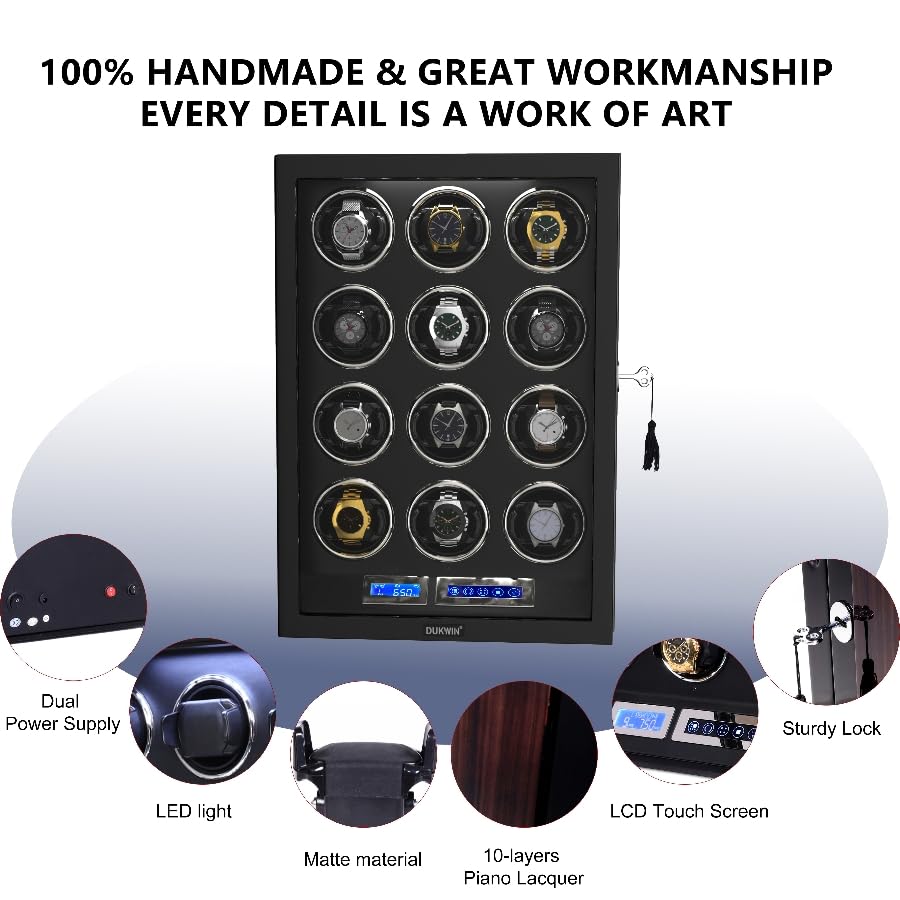 DUKWIN Watch Winder for 12 Automatic Watches with Key Lock, LCD Screen, Remote Control, LED Light, Adjustable Watch Pillow and Supper Quiet Motor for Universal Watches
