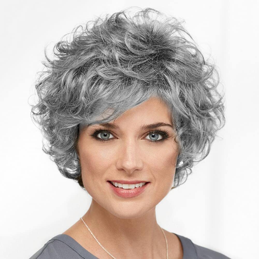 Short Wavy Grey Wigs for Women Fluffy Wavy Layered Wigs Synthetic Heat Resistant Halloween Cosplay Hair Wig with Wig Cap