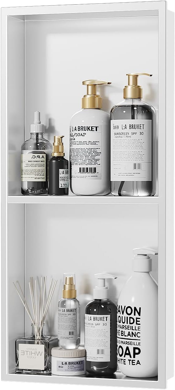 24 x 12 Inch 304 Stainless Steel Recessed Shower Niche , No Tile Needed | 92-Degree Sloped Base，Matte White Bathroom Shower Niche, 2-Tier Shelf