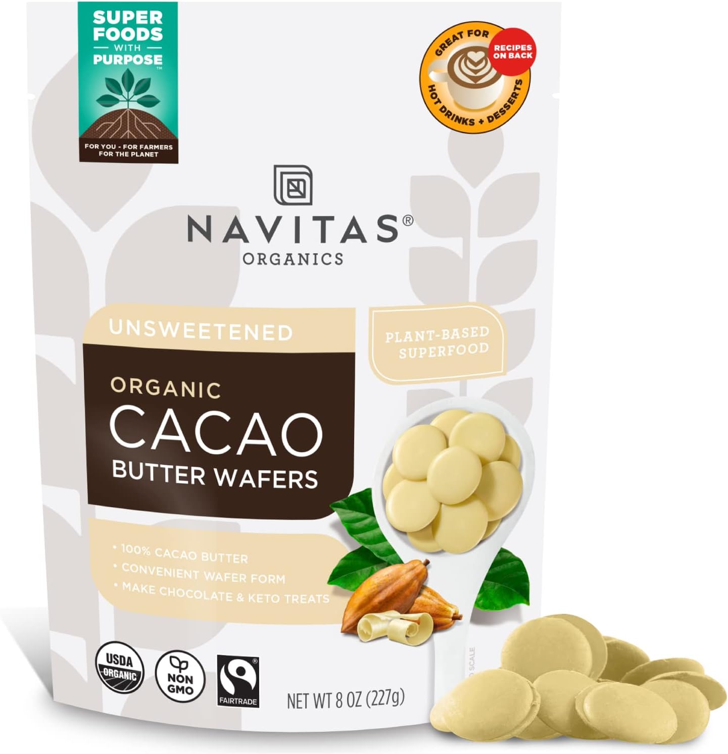 Cacao Butter Wafers, 8oz — Organic, Non-GMO, Fairtrade, Gluten-Free