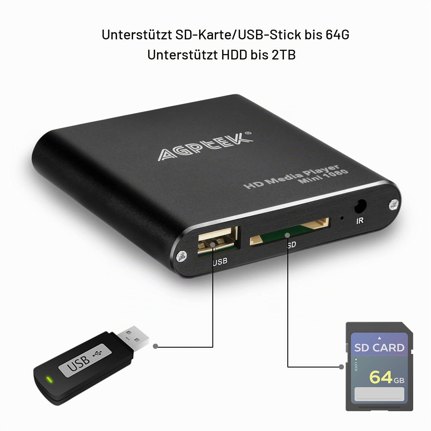 AGPTEK Mini 1080P Full HD Digital Mediaplayer Medienspieler mit Fernbedienung für MP3, WMA, OGG, AAC, FLAC, APE, AC3, DTS, ATRA - Unterstützt HDMI CVBS & YPbPr Videoausgang (Schwarz).