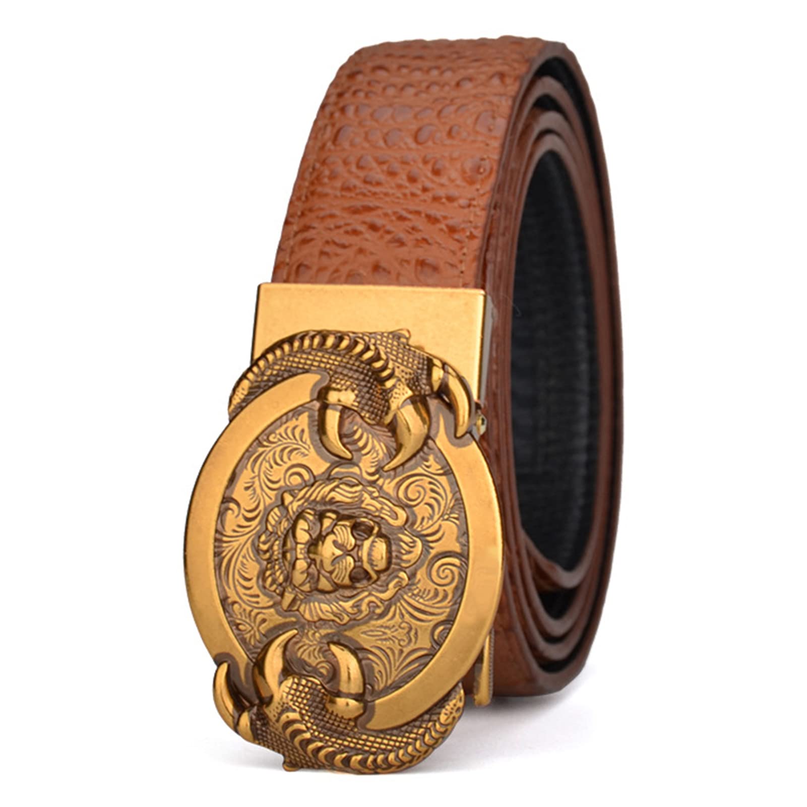 BDAYEK Men's Belt Men's Belt Engraved Vintage Lion Head Paw Design Automatic Slide Buckle Crocodile Genuine Leather Brown 130Cm