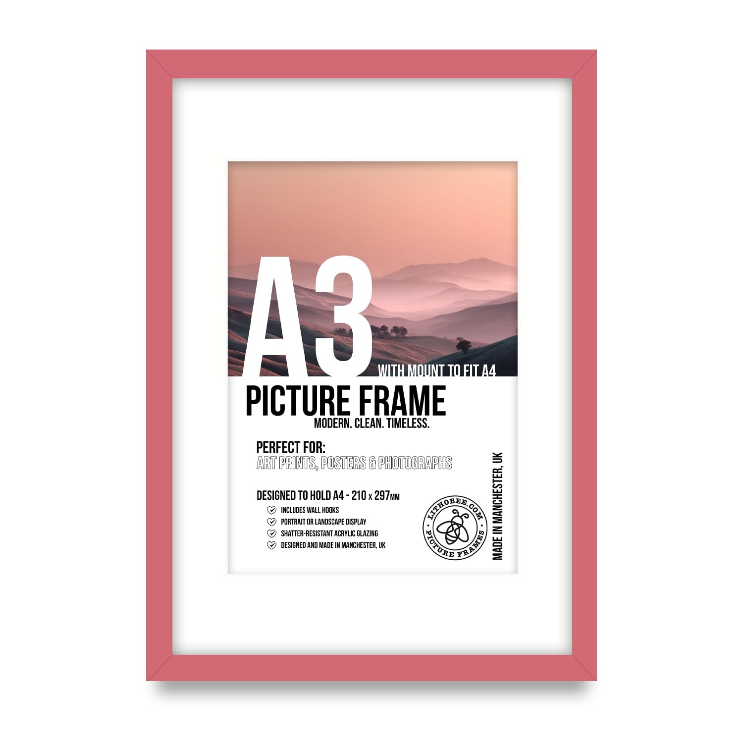 Lithobee Premium Pink A3 Picture Frame with Mount