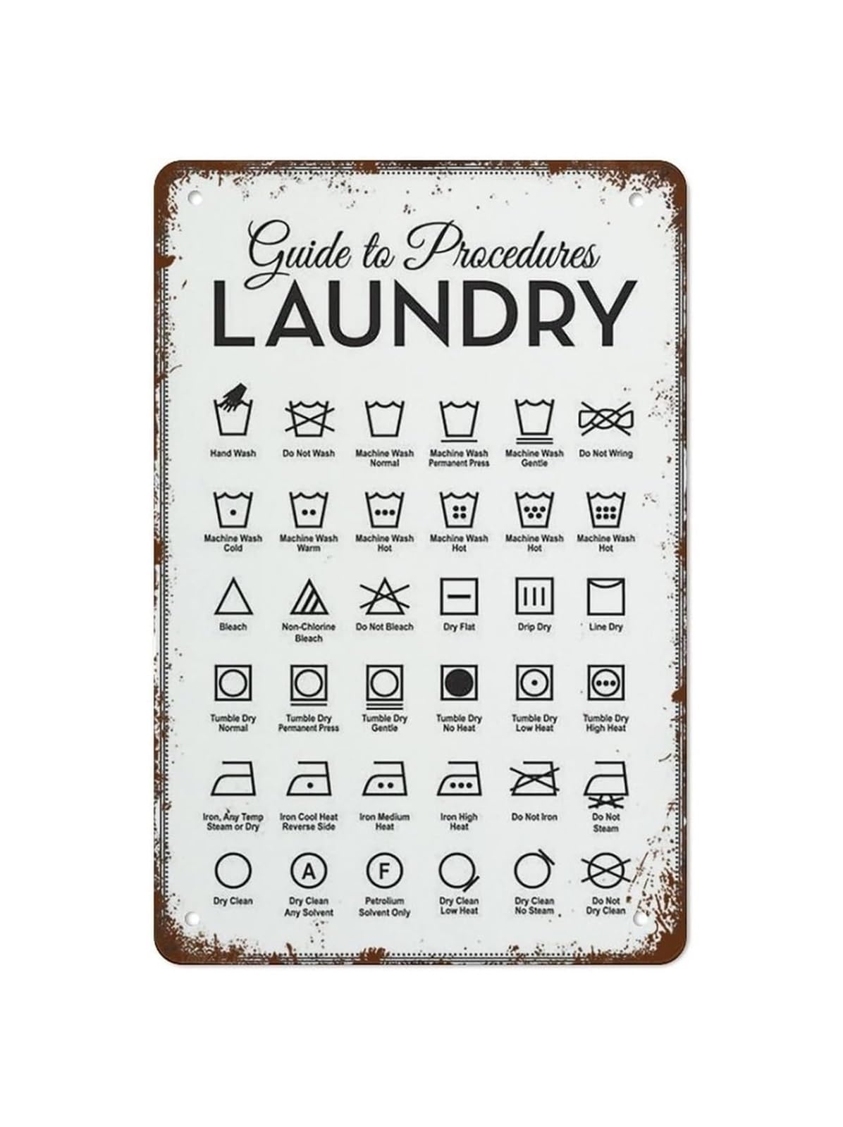 PKNVKZIDK Clothing Care Label Metal Tin Sign Washing Machine Symbol Reference For Mudroom Basement Apartment Laundromat Wall-Art 8 X 12 inch