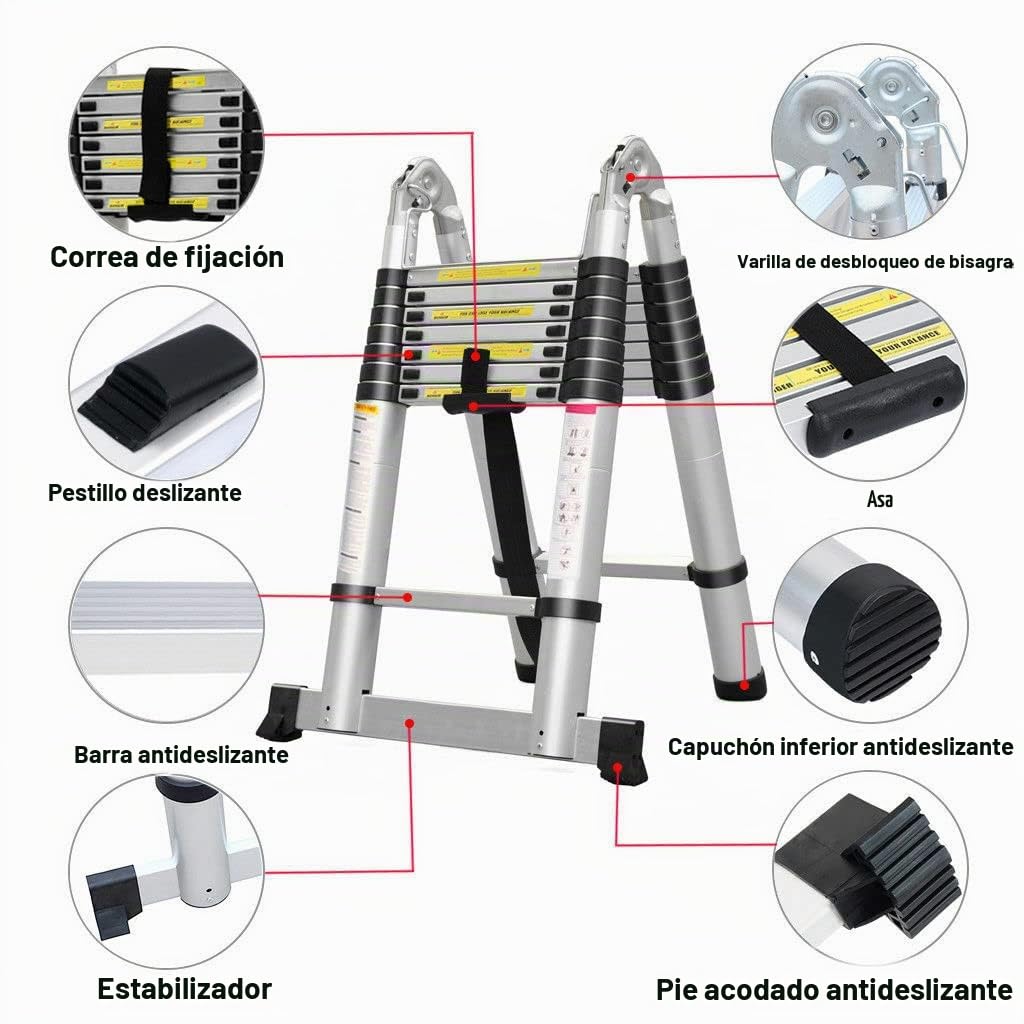 Escala telescópica de Acero Inoxidable, Escalera telescópica Extensible, Escalera telescópica Extensible, Escalera Plegable Loft Ladder,certificada EN131, Resistencia a 150 kg, 5 m (2,5 m + 2,5 m)