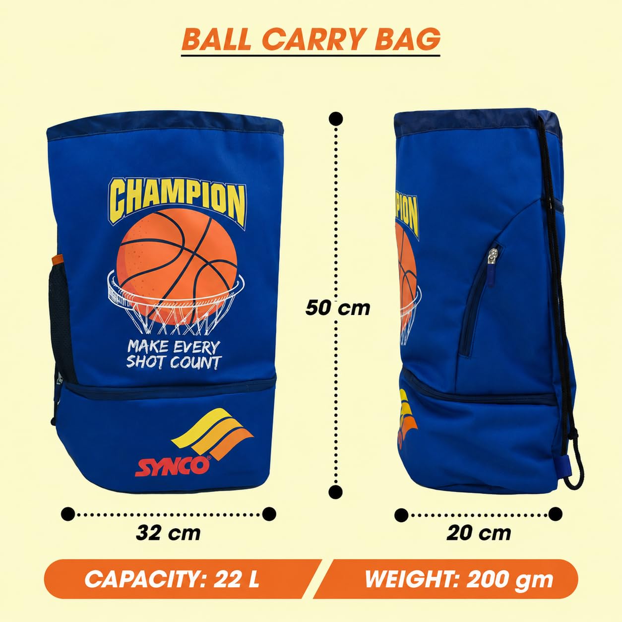 Synco Champion Ball Carry Bag | Sports Equipment Drawstring Bag for Carrying Basketballs | Separate Shoes Compartment & Bottle Holder Pocket | Backpack (Blue) 1