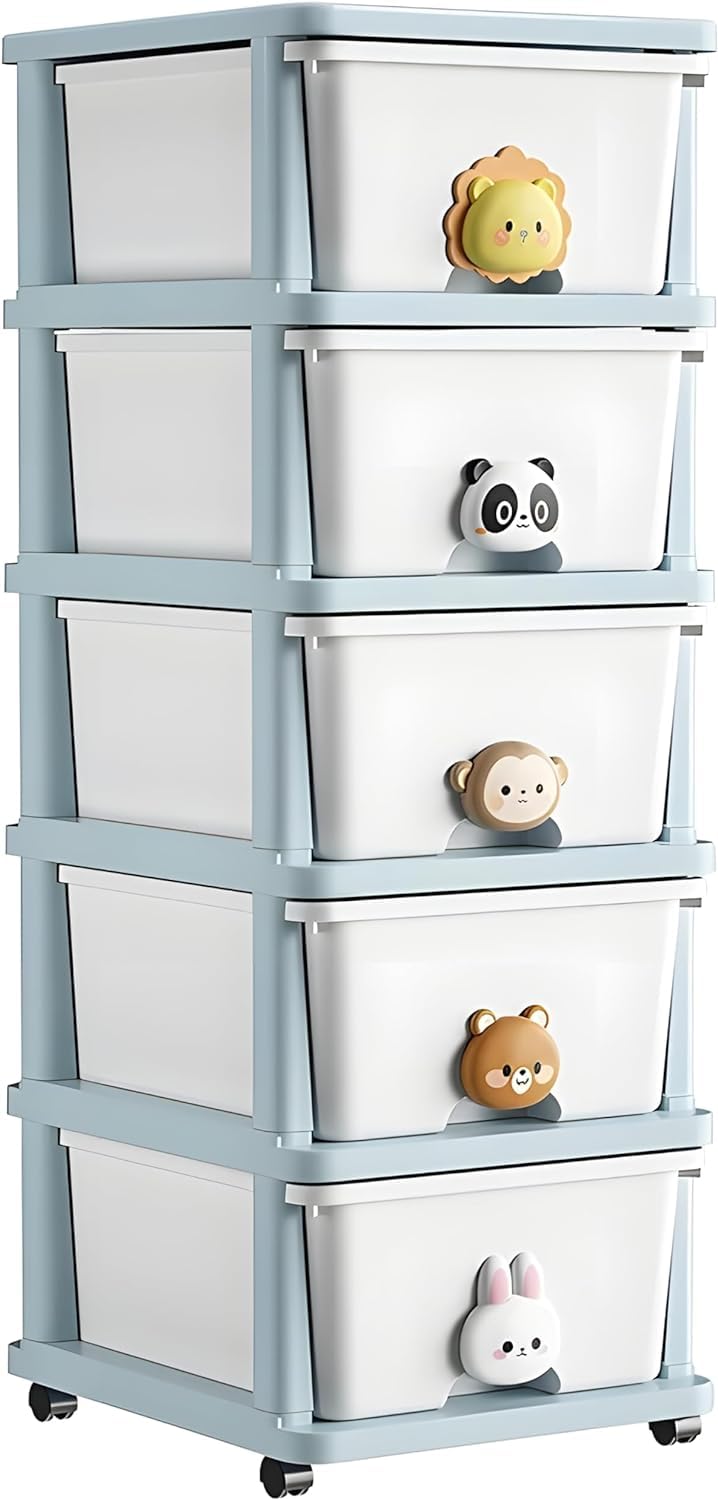 COZY NEST Multi-Drawer Plasti Clothes/toy Storage Organizer Rolling Cabinet With Cartoon shape/Wheels For Kitchen Container Box,Bath,Living Room,Office,Wheels (Blue 5-Drawer 40D x 34W x 97H)