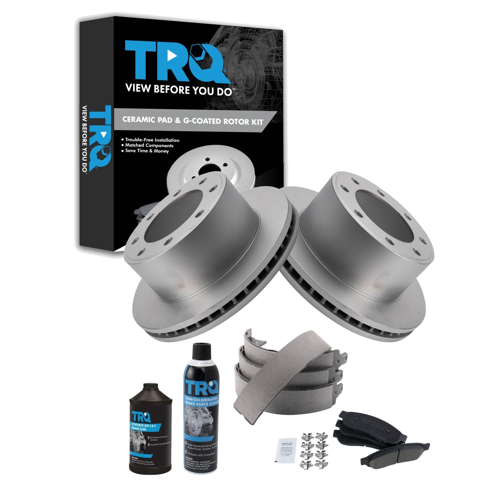 TRQ Rear Brake Pad &amp; Rotor Kit, with Chemical Kit Parking Brake Shoe Set Ceramic Premium G-Coated Compatible with 2008-2010 Ford F-250 Super Duty 2005-2012 F-350 Super Duty